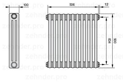 Схема (чертеж) Радиатор Zehnder Charleston 3090/11 №7610 Белый глянцевый RAL 9016